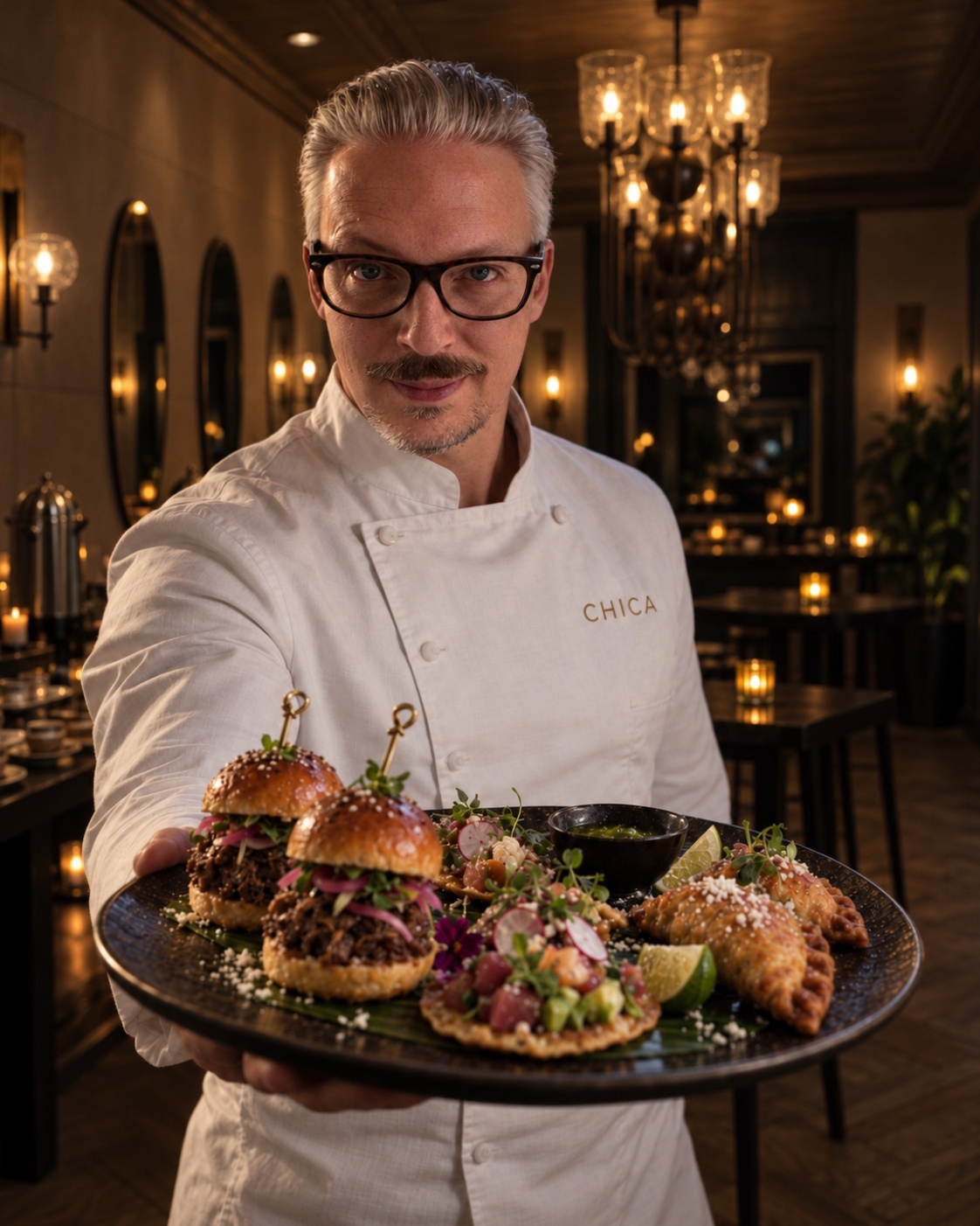 CHICA's Culinary Host presenting a tray of small bites in the candlelit dining room