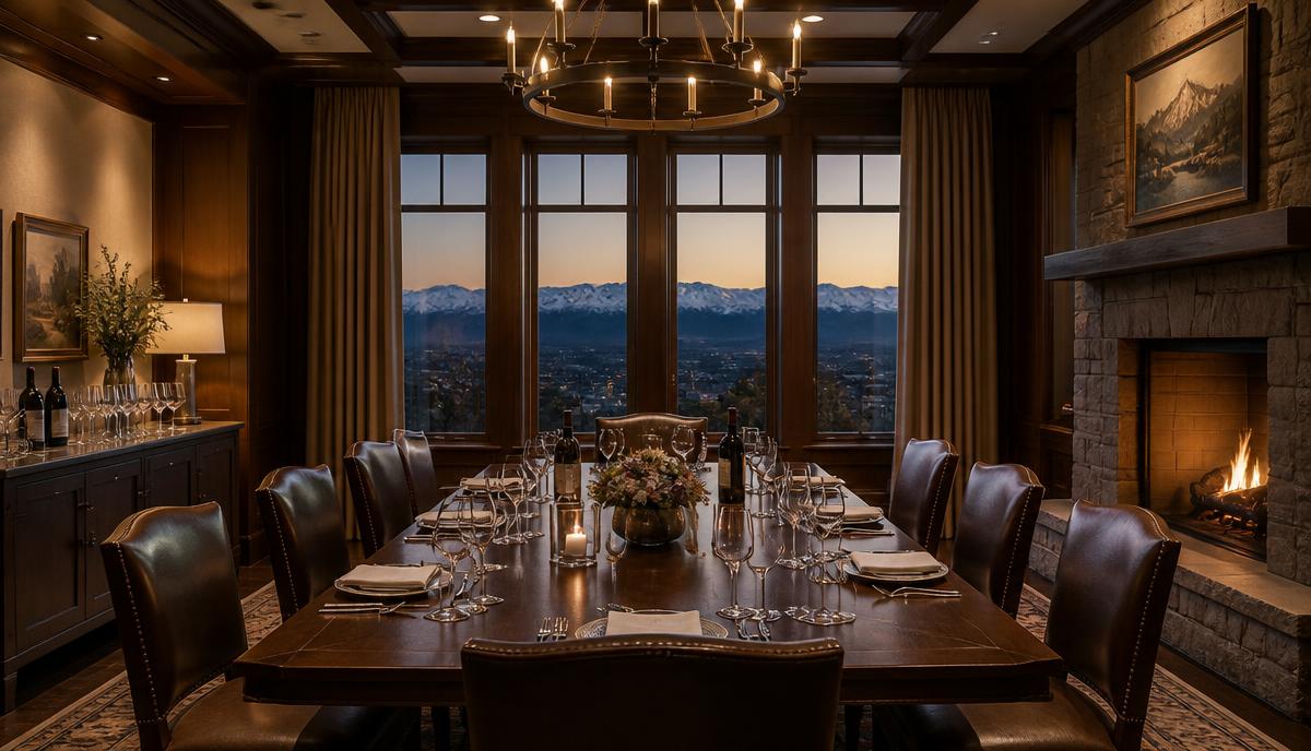Wood-panelled Denver dining room with a mountain view at dusk