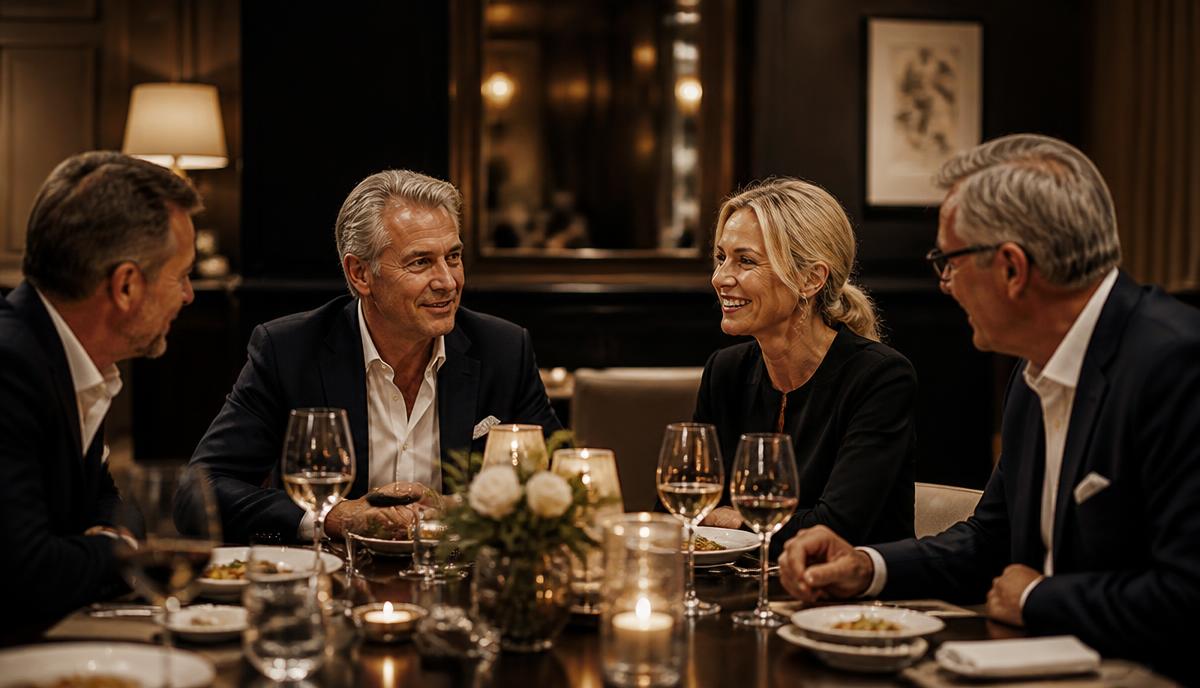 Business leaders in conversation at a private executive dinner