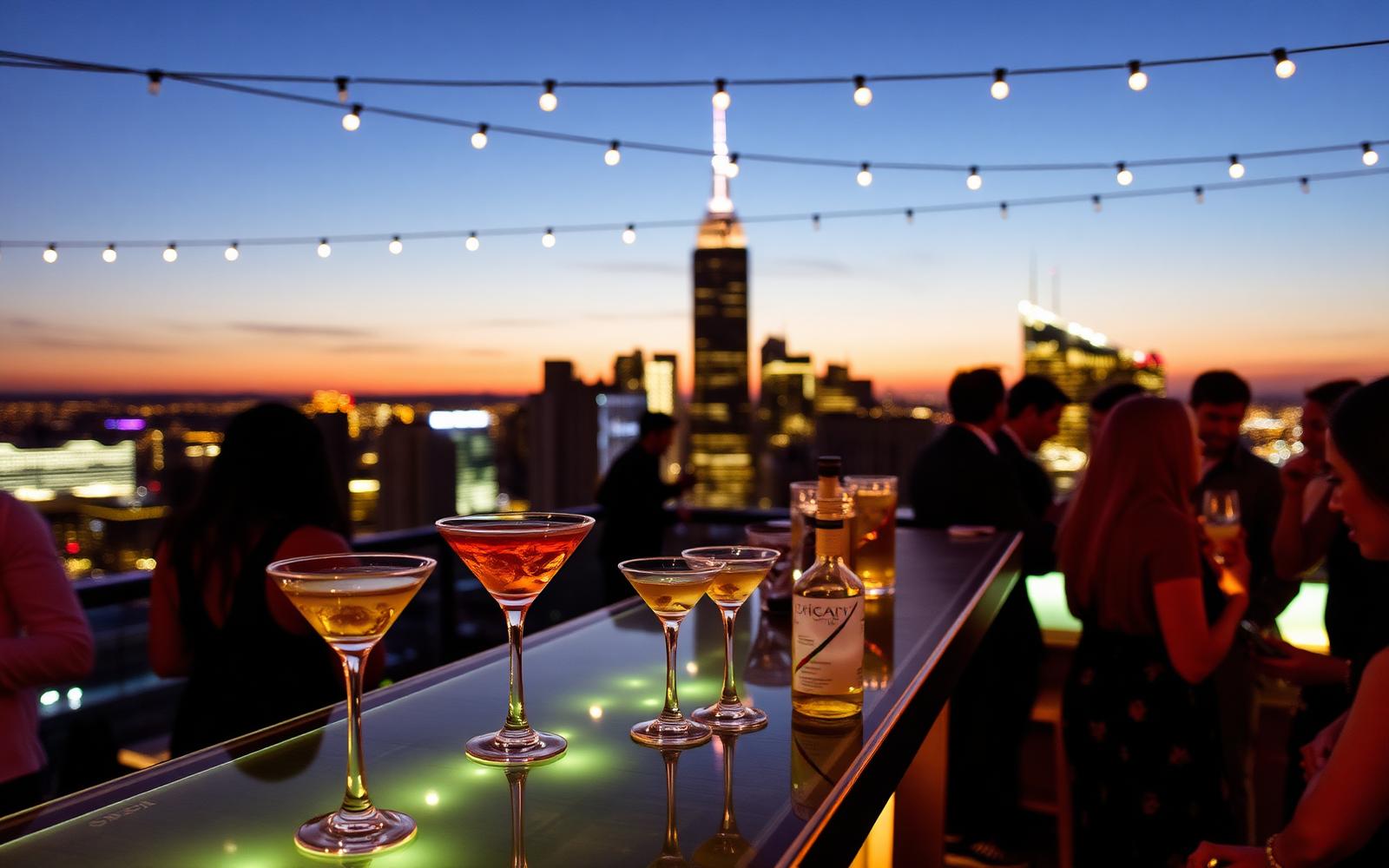 Rooftop cocktail party at dusk overlooking the New York skyline