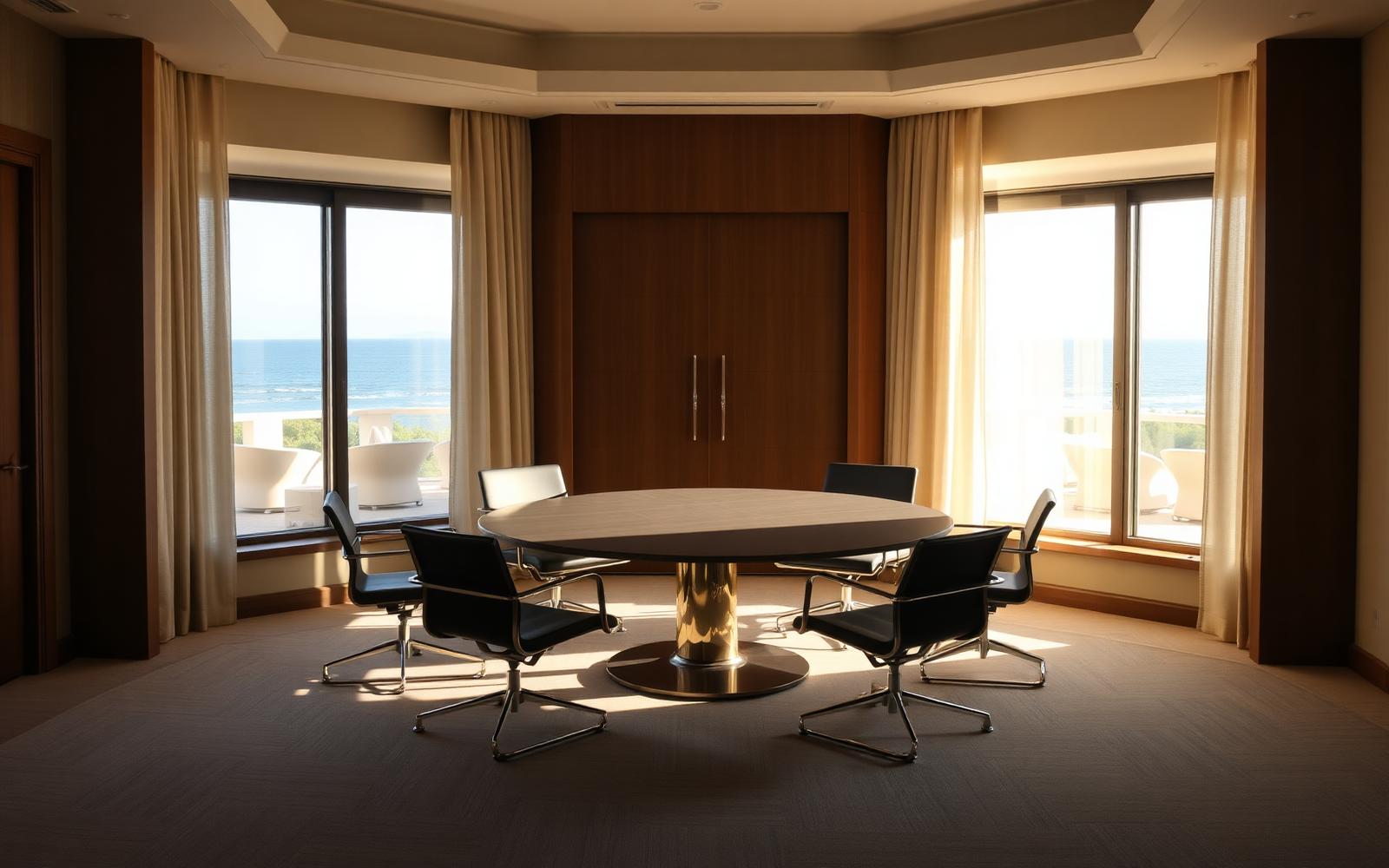 Closed-door executive roundtable in a coastal resort meeting room
