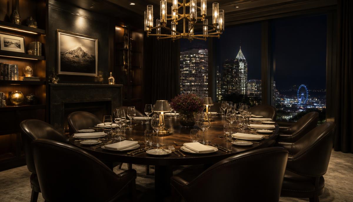 Executives talking in a Seattle members club lounge at night
