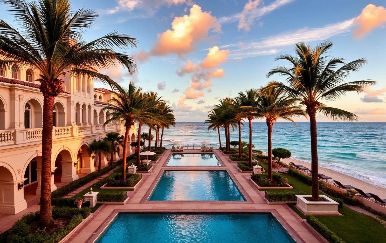 Oceanfront facade and palm-lined gardens