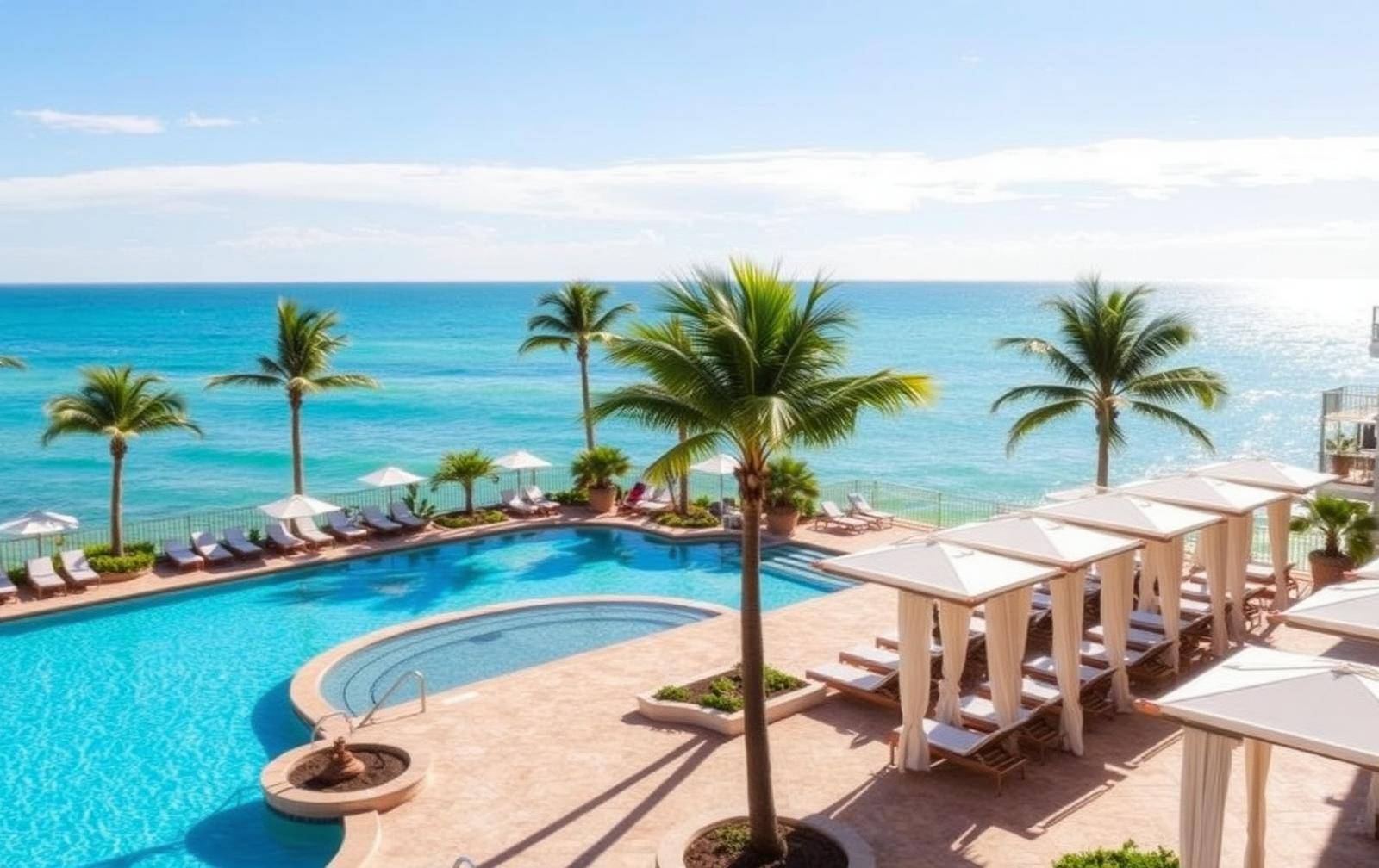 Oceanfront pool deck and cabanas